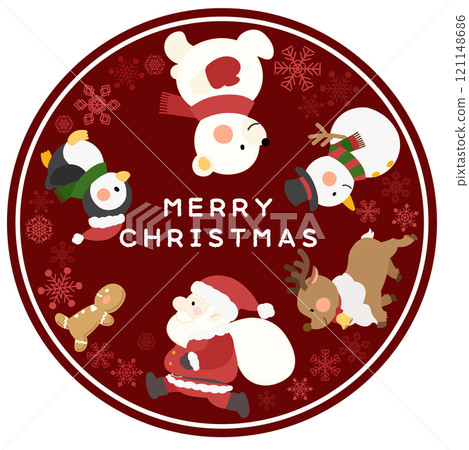 Santa, reindeer, snowman, polar bear, penguin, gingerbread walking red snowflake round circle 121148686