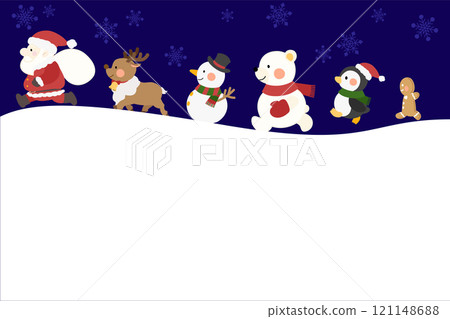 聖誕老人、馴鹿、雪人、北極熊、企鵝、薑餅在白雪上行走 121148688