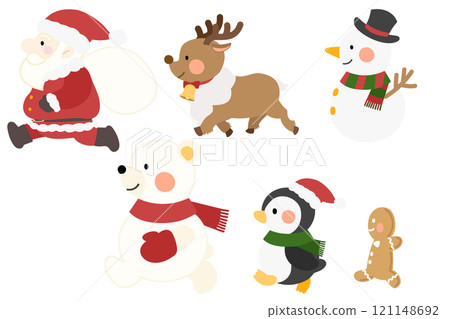 聖誕老人、馴鹿、雪人、北極熊、企鵝和薑餅散步 聖誕老人、馴鹿、雪人、北極熊、企鵝和薑餅散步 121148692