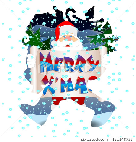 Santa Claus is joyfully holding a "Merry X'mas" sign surrounded by snowy scenery and evergreen trees. The image is festive with snowflakes gently falling, adding to the holiday spirit. 121148735