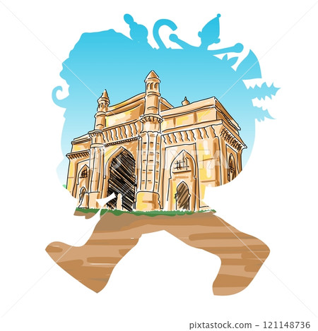 A stylized depiction of the Gateway of India is creatively integrated within the silhouette of a walking figure.	 121148736