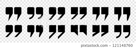 Quotation marks, a set of isolated black vector icons in the form of square-shaped quotation marks on a transparent background. 121148760