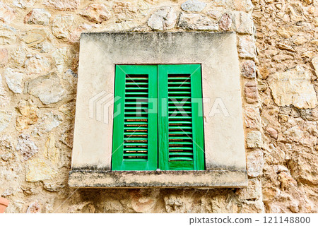 Beautiful window views of the famous town of Valldemosa, Mallorca, Balearic Islands, Spain 121148800