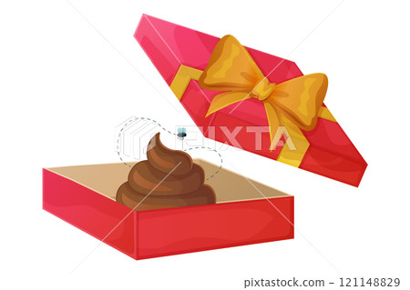 Opened red gift box with yellow ribbon containing a cartoon poop and a flying fly. Digital illustration on white background. Humor and prank concept for design and print. Bad gift concept. 121148829