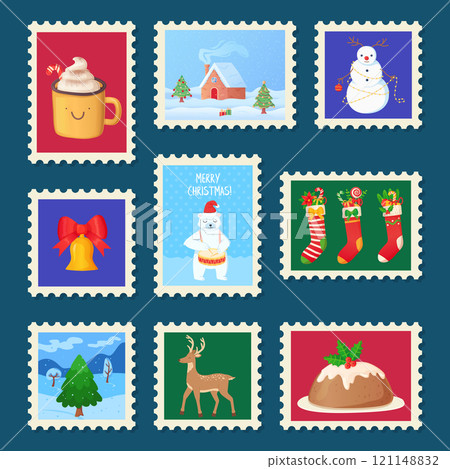 et of colorful Christmas-themed postage stamps with festive illustrations including snowman, reindeer, gift stockings, winter house, Christmas pudding, polar bear, and decorative bell. Flat cartoon et of colorful Christmas-themed postage stamps with festive illustrations including snowman, reindeer, gift stockings, winter house, Christmas pudding, polar bear, and decorative bell. Flat cartoon 121148832