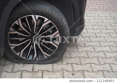 Flat Tire Close-Up on Paved Ground Depicting Auto Repairs Situation Flat Tire Close-Up on Paved Ground Depicting Auto Repairs Situation 121148901