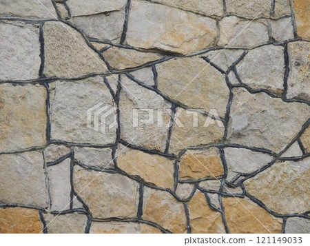 abstraction from facing stone of brown shades with black joints, decoration of exterior of wall or fence using solid natural stone, graphic resource from large abstract shaped stones abstraction from facing stone of brown shades with black joints, decoration of exterior of wall or fence using solid natural stone, graphic resource from large abstract shaped stones 121149033