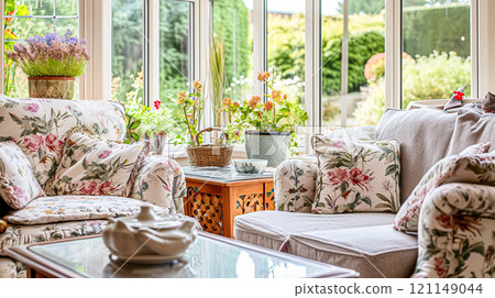 Colorful pillows on sofa against glass wall of window in a winter garden or conservatory. Interior textile concept. High quality photo 121149044