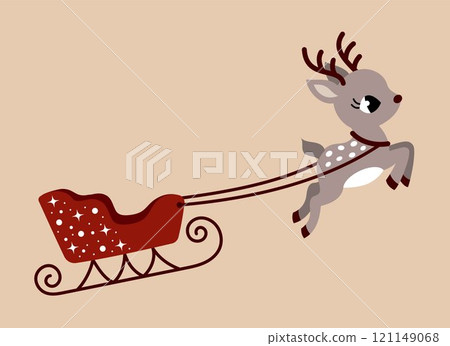 Cute Christmas reindeer with sleigh for presents. Reindeer with sleigh flying to Santa Claus at the North Pole. Christmas winter New Year 121149068
