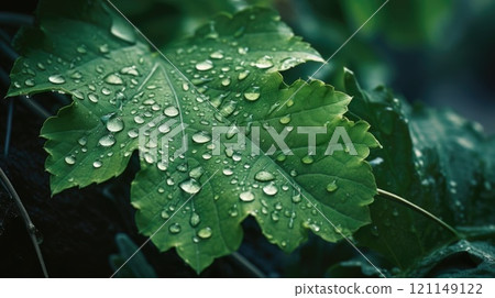 Close up view of raindrops on green leaf. Generative AI 121149122