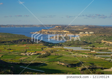 Panoramic View of Maltese Countryside and Coastline Overlooking Golden Bay and Gozo 121149124
