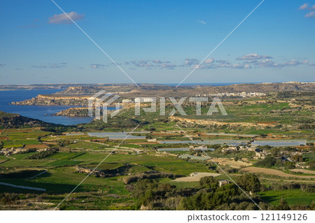 Panoramic View of Maltese Countryside and Coastline Overlooking Golden Bay and Gozo 121149126