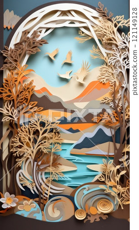 Beautiful colorful paper cut art design. Generative AI 121149128