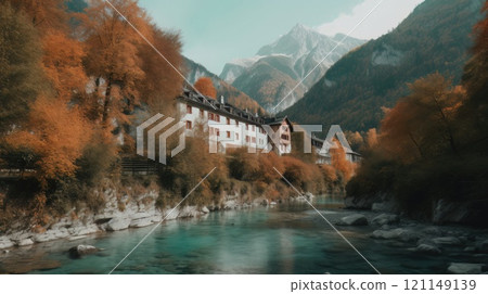 Beautiful old town surrounded by mountains view. Generative AI 121149139