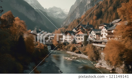 Beautiful old town surrounded by mountains view. Generative AI 121149141