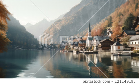 Beautiful old town surrounded by mountains view. Generative AI 121149193