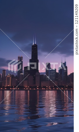 Cityscape of chicago at dusk with lights from the skyline. Generative AI 121149209