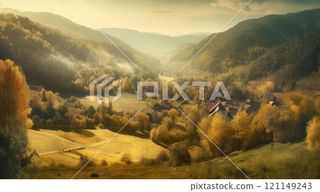 Image of mountain valley with mountains and a forest. Generative AI 121149243