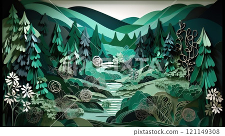 Paper cut art work with green nature forest. Generative AI 121149308