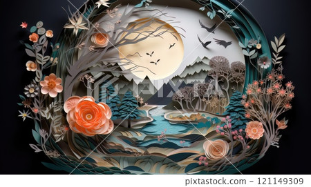 Paper cut artwork that depicts flowers and trees background. Generative AI Paper cut artwork that depicts flowers and trees background. Generative AI 121149309