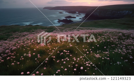 Shoreline covered in pink flowers by the sea. Generaitve AI Shoreline covered in pink flowers by the sea. Generaitve AI 121149323