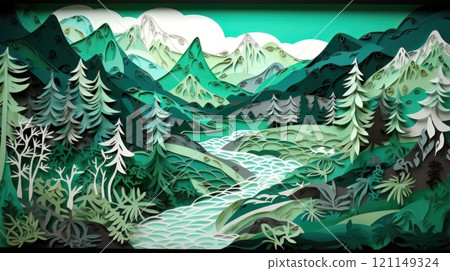 Paper cut art work with green nature forest. Generative AI 121149324