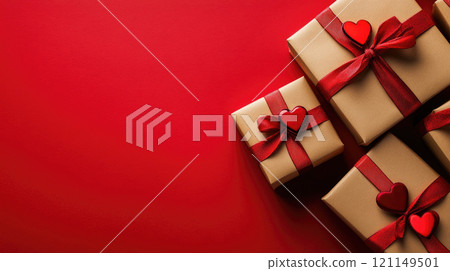 Top view of gift boxes with red ribbons on red background with space for text 121149501