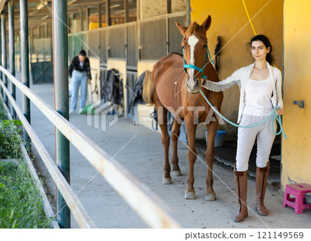 Young woman leads horse out of stable Young woman leads horse out of stable 121149569