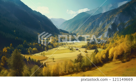 Image of mountain valley with mountains and a forest. Generative AI 121149669