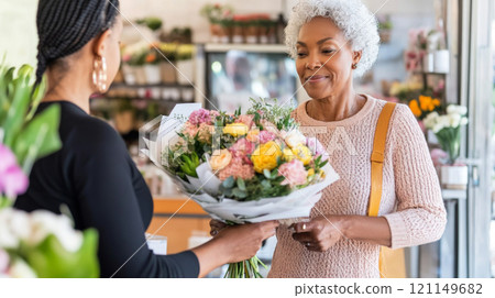African american mature florist woman creates bouquet of flowers in flower store African american mature florist woman creates bouquet of flowers in flower store 121149682