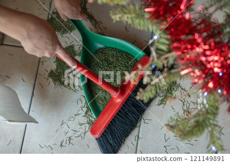 Cleaning up holiday tree needles: hands sweeping pine needles from floor with broom and dustpan. 121149891