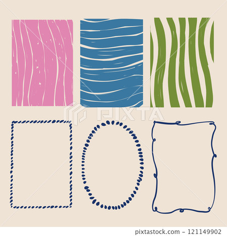 Vector holiday colorful doodle frames. Hand-drawn vintage border set of invitations isolated on beige background. Illustration for design, print, fabric or background. Vector holiday colorful doodle frames. Hand-drawn vintage border set of invitations isolated on beige background. Illustration for design, print, fabric or background. 121149902