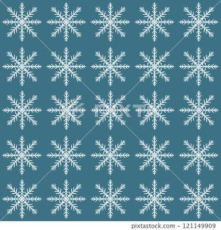 Vector Christmas seamless pattern of blue snowflake. Hand-drawn vintage holiday composition isolated on blue background. Illustration for design, print, fabric or background. 121149909