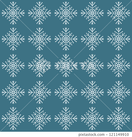 Vector Christmas seamless pattern of blue snowflake. Hand-drawn vintage holiday composition isolated on blue background. Illustration for design, print, fabric or background. 121149910