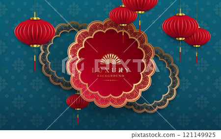 Chinese New Year composition with red figured frame and air lanterns Chinese New Year composition with red figured frame and air lanterns 121149925