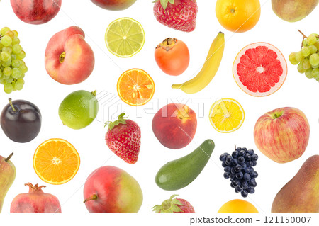Seamless pattern of bright juicy fruits, vegetables, berries isolated on white Seamless pattern of bright juicy fruits, vegetables, berries isolated on white 121150007