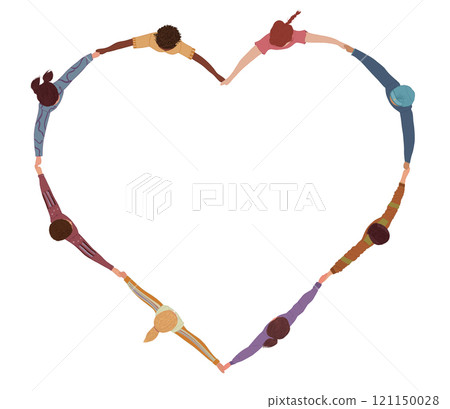 Chain of a group of isolated multicultural people seen from above holding hands and forming a heart shape. Cooperation teamwork.Community of friends or volunteers.Inclusion.Top View Chain of a group of isolated multicultural people seen from above holding hands and forming a heart shape. Cooperation teamwork.Community of friends or volunteers.Inclusion.Top View 121150028