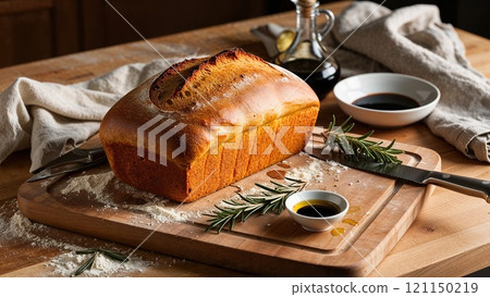 Freshly baked bread loaf on cutting board with rosemary and olive oil 121150219