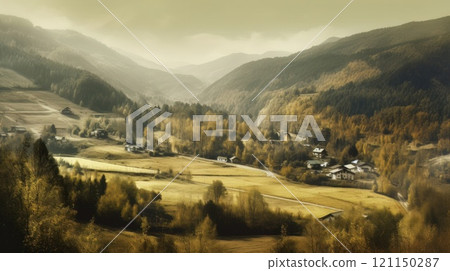 Image of mountain valley with mountains and a forest. Generative AI 121150287