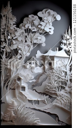 Traditional christmas paper cut art piece with a snowy landscape. Generative AI 121150288