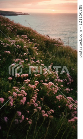 Shoreline covered in pink flowers by the sea. Generaitve AI 121150289