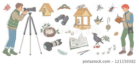 Peoples birdwatching, man and women with binoculars, camera and notepad in outdoor clothes and set elements about birdwatching  121150382