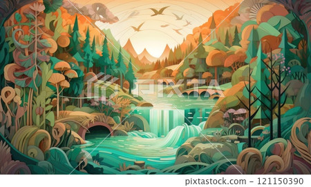 Paper cut art work with green nature forest. Generative AI 121150390