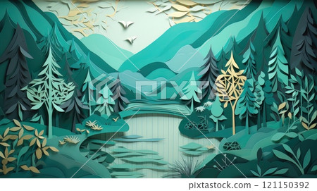 Paper cut art work with green nature forest. Generative AI 121150392