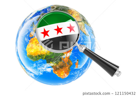 Syrian flag under magnifying glass with Earth Globe, 3D rendering 121150432