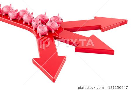 Piggy banks standing before red arrows pointing into different directions. Investment strategy, financial decisions, concept. 3D rendering Piggy banks standing before red arrows pointing into different directions. Investment strategy, financial decisions, concept. 3D rendering 121150447