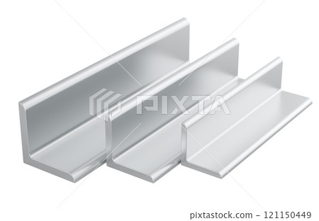 Steel Equal Leg Angles. Angle Bars, rolled metal. 3D rendering Steel Equal Leg Angles. Angle Bars, rolled metal. 3D rendering 121150449