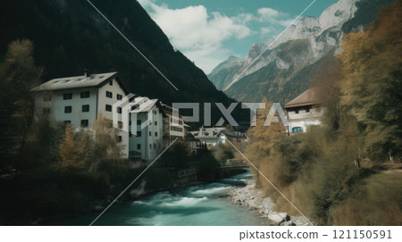 Beautiful old town surrounded by mountains view. Generative AI 121150591