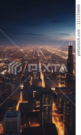 Cityscape of chicago at dusk with lights from the skyline. Generative AI 121150600