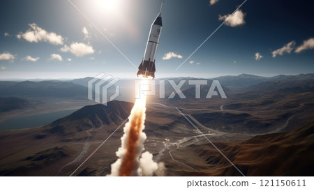 A rocket soars from Earth into space, science concept. Generative AI 121150611